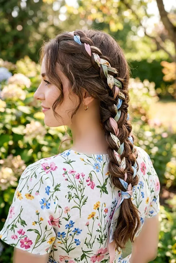 30 مدل بافت مو با روبان؛ ایدههای دخترانهای که یک بافت ساده را خاص میکنند! 12 Hair braiding with ribbon 8