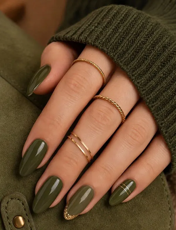 طرح ناخن زیتونی جدید؛ مدلهای شیک پاییز 2026 از کروم تا کتآی! 13 Olive green nail design 12