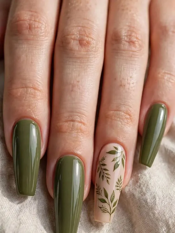 طرح ناخن زیتونی جدید؛ مدلهای شیک پاییز 2026 از کروم تا کتآی! 17 Olive green nail design 15
