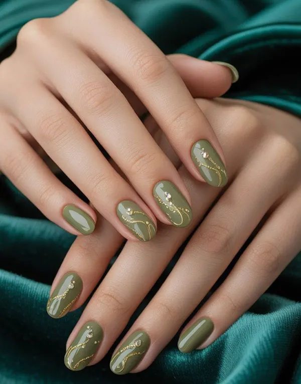 طرح ناخن زیتونی جدید؛ مدلهای شیک پاییز 2026 از کروم تا کتآی! 22 Olive green nail design 20
