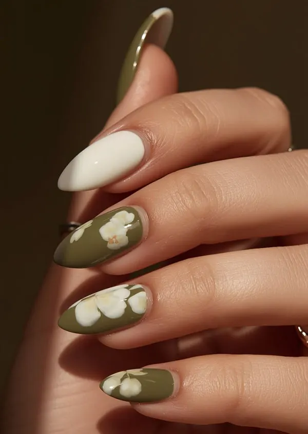 طرح ناخن زیتونی جدید؛ مدلهای شیک پاییز 2026 از کروم تا کتآی! 28 Olive green nail design 25