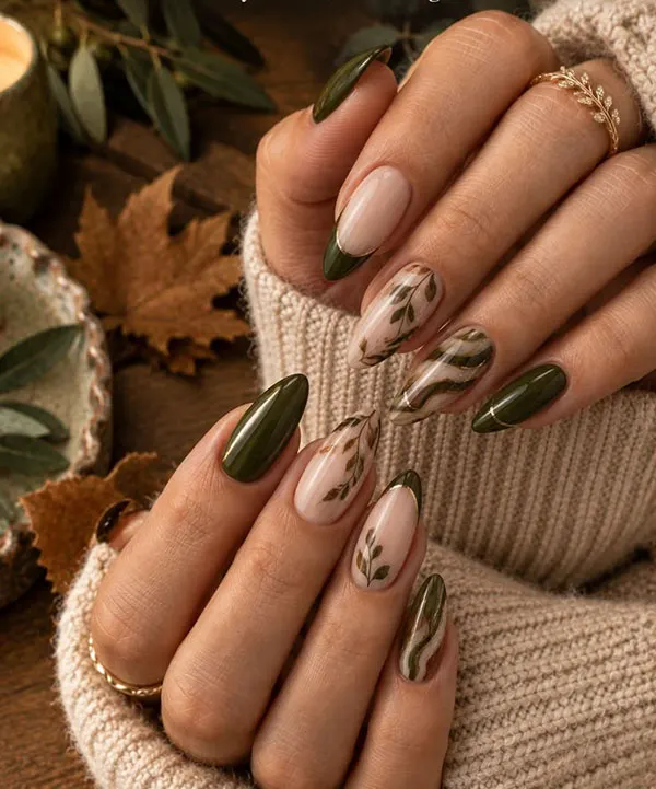 طرح ناخن زیتونی جدید؛ مدلهای شیک پاییز 2026 از کروم تا کتآی! 9 Olive green nail design 5