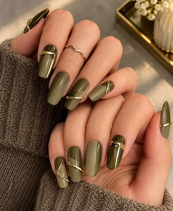 طرح ناخن زیتونی جدید؛ مدلهای شیک پاییز 2026 از کروم تا کتآی! 11 Olive green nail design 7