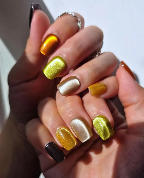 35 طرح ناخن کتآی پاییزی؛ این رنگها زیر نور تازه خودشان را نشان میدهند! 22 Autumn Cat Eye Nail Design 18