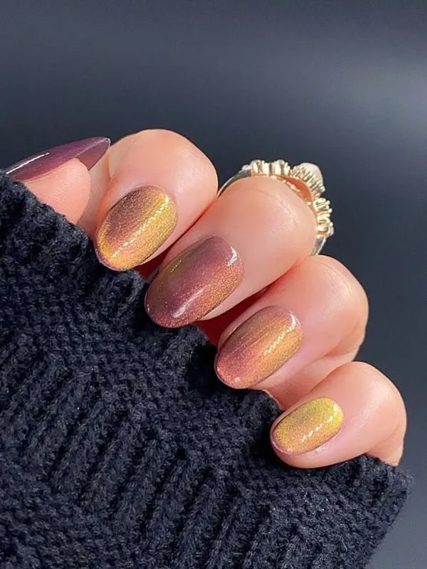 35 طرح ناخن کتآی پاییزی؛ این رنگها زیر نور تازه خودشان را نشان میدهند! 21 Autumn Cat Eye Nail Design 19
