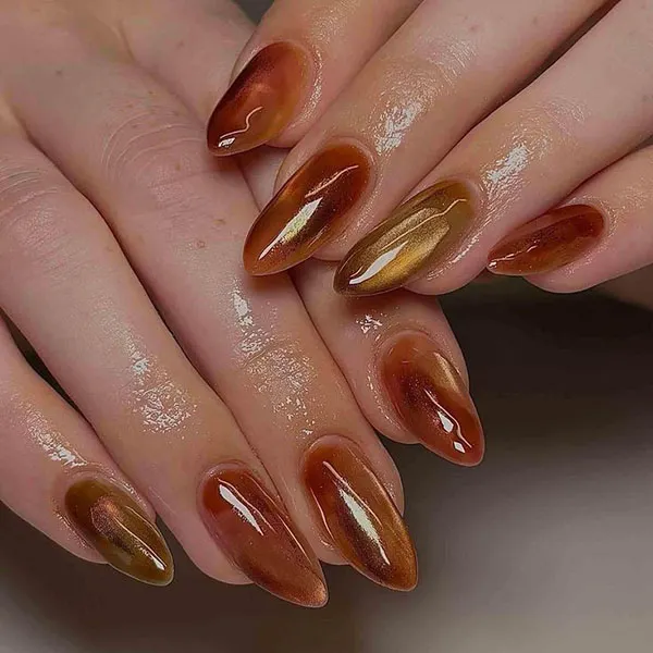 35 طرح ناخن کتآی پاییزی؛ این رنگها زیر نور تازه خودشان را نشان میدهند! 23 Autumn Cat Eye Nail Design 20