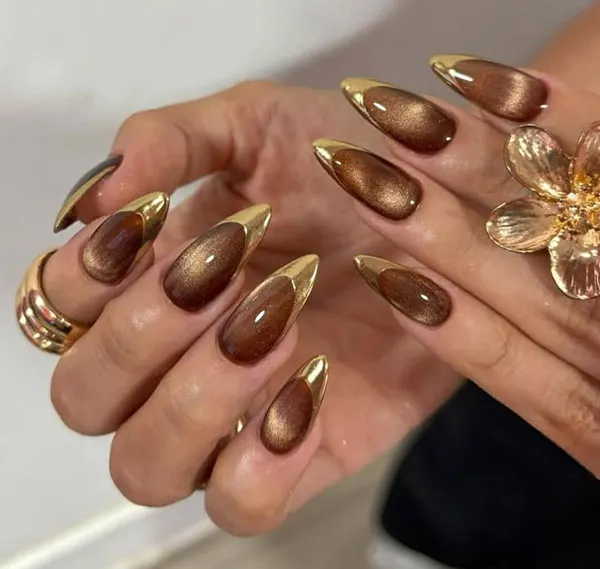 35 طرح ناخن کتآی پاییزی؛ این رنگها زیر نور تازه خودشان را نشان میدهند! 27 Autumn Cat Eye Nail Design 24
