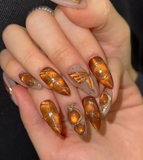 35 طرح ناخن کتآی پاییزی؛ این رنگها زیر نور تازه خودشان را نشان میدهند! 29 Autumn Cat Eye Nail Design 26
