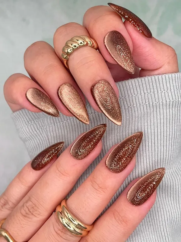 35 طرح ناخن کتآی پاییزی؛ این رنگها زیر نور تازه خودشان را نشان میدهند! 6 Autumn Cat Eye Nail Design 3