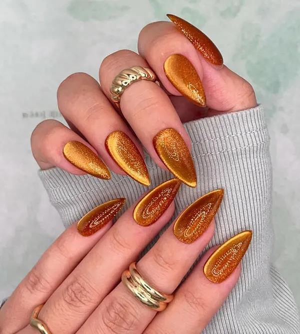 35 طرح ناخن کتآی پاییزی؛ این رنگها زیر نور تازه خودشان را نشان میدهند! 34 Autumn Cat Eye Nail Design 31
