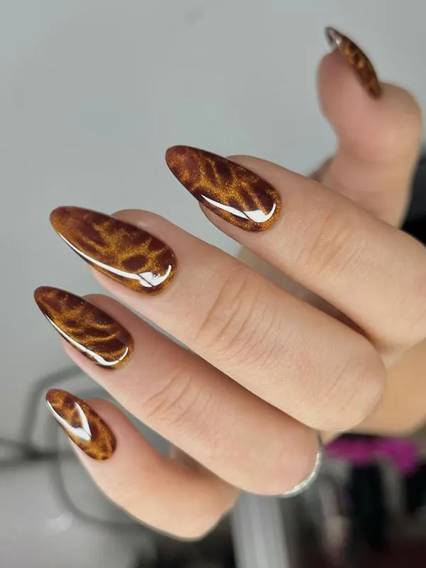 35 طرح ناخن کتآی پاییزی؛ این رنگها زیر نور تازه خودشان را نشان میدهند! 10 Autumn Cat Eye Nail Design 7