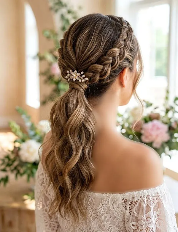 31 مدل بافت مو دم اسبی شیک؛ ایدههای زیبا برای مهمانی و عروسی! 22 Braided ponytail 21