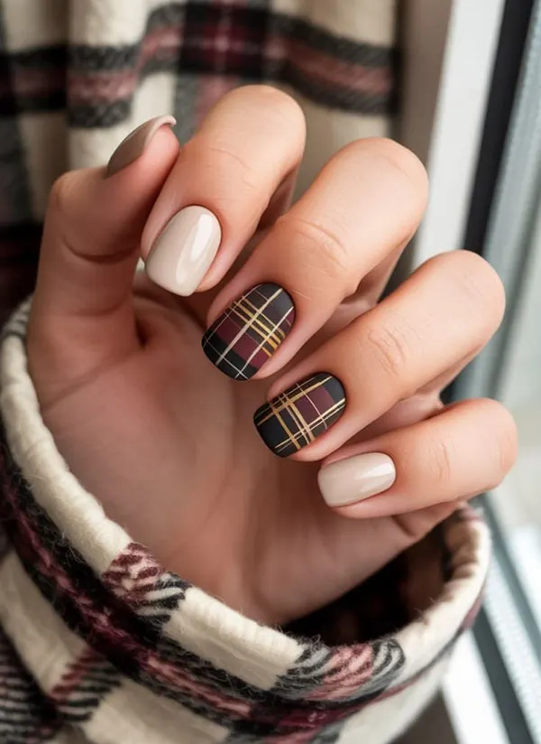 32 طرح ناخن چهارخانه شیک؛ این ترکیب رنگها برای پاییز دیدنیاند! 24 Checkered nail design 18