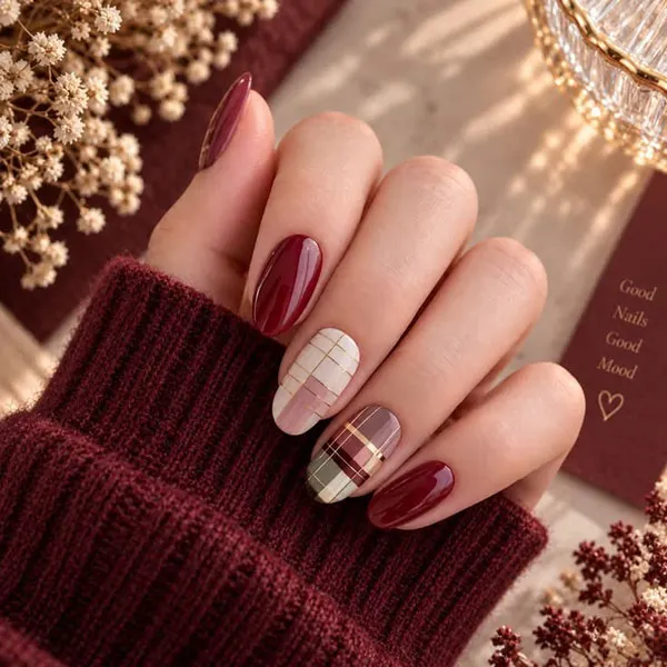 32 طرح ناخن چهارخانه شیک؛ این ترکیب رنگها برای پاییز دیدنیاند! 7 Checkered nail design 30